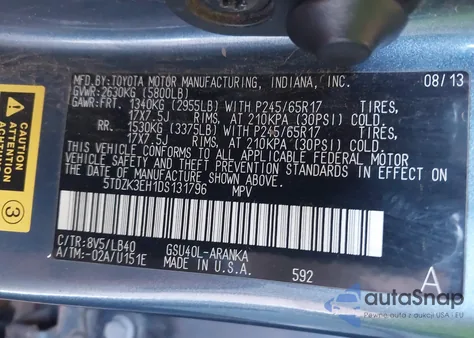 2013 Toyota Highlander Se V6 z USA, uszkodzony, nr VIN 5TDZK3EH1DS131796